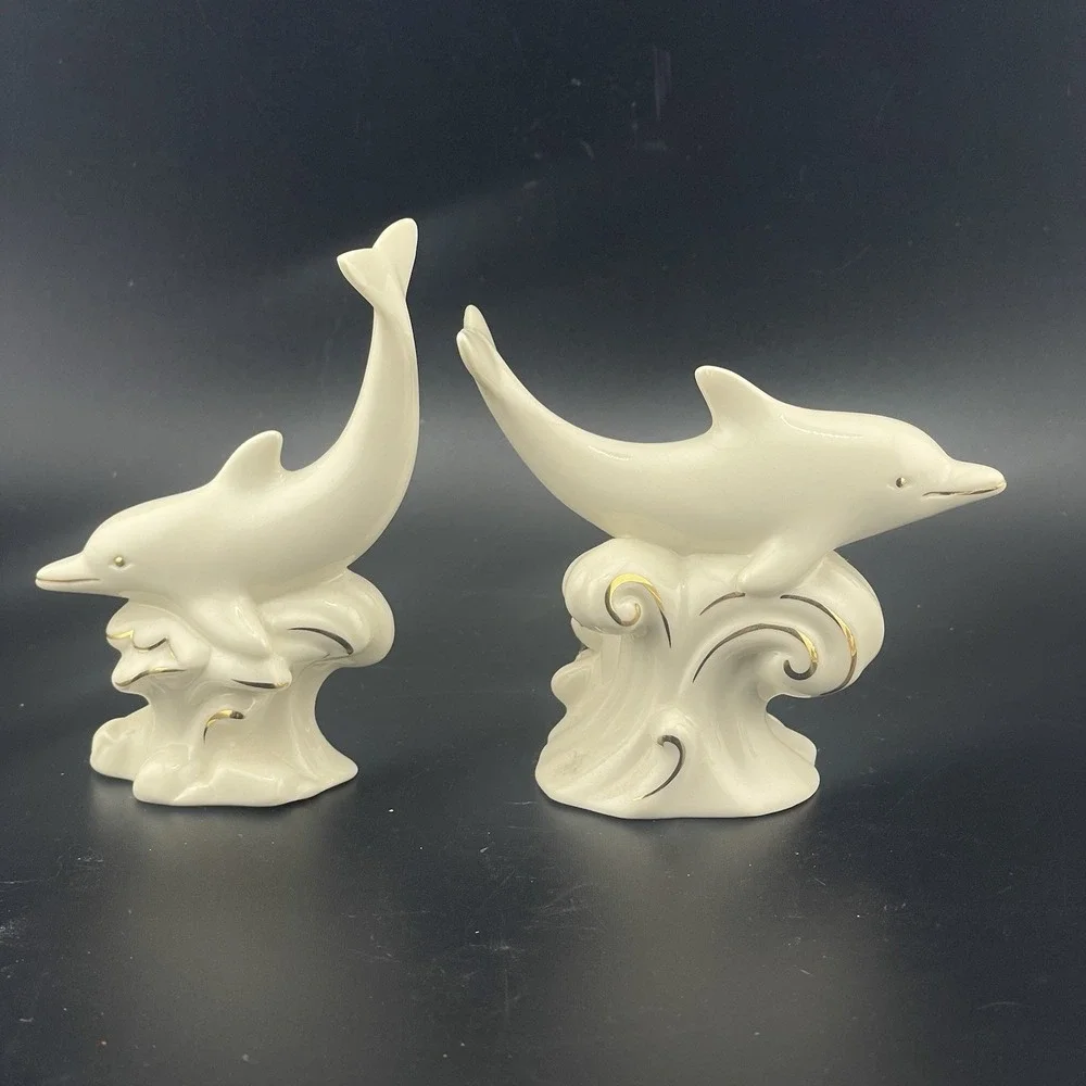 Lenox Dive Dancing Dolphins Ivory Porcelain 24 Karat Gold Figurines Set Lot of 4